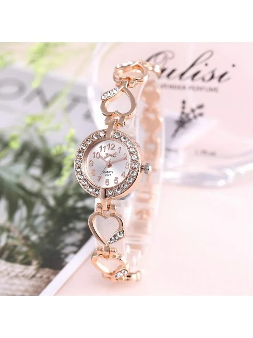 Women's Rose Gold Quartz Heart Shaped Band Alloy Diamond Encrusted Wrist Watch